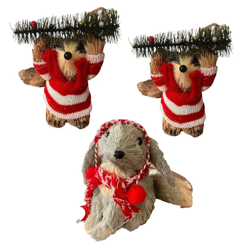 Lot of 3 Christmas Ornament Straw Squirrel Rabbit Small Holidays Forest Animals